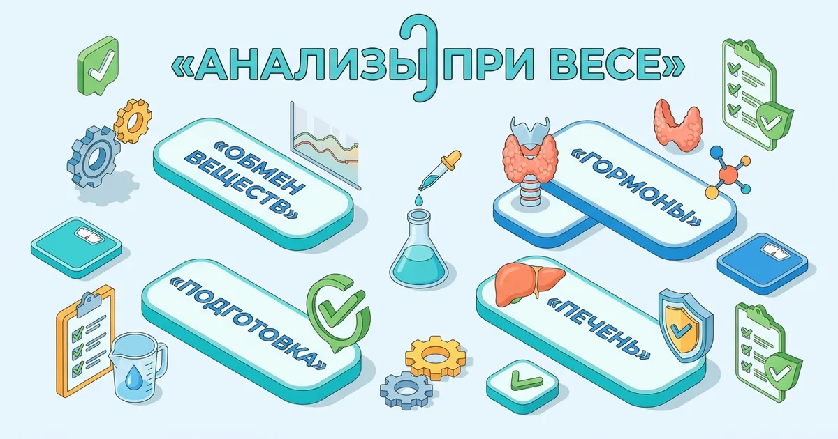 Изометрическая инфографика на светлом фоне с заголовком «Анализы при весе» и подписями про обмен веществ, гормоны, печень и подготовку к анализам