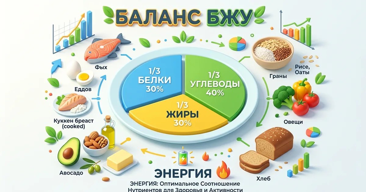 Трёхмерная инфографика с тарелкой и продуктами, показывающая баланс белков, жиров и углеводов.