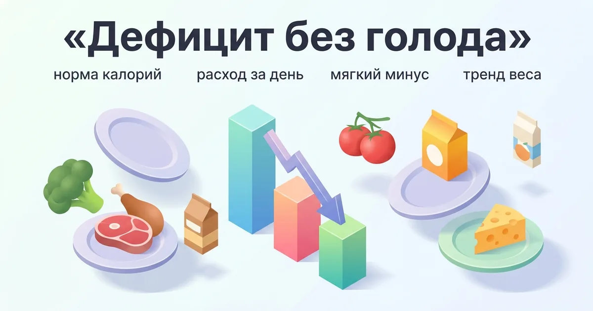 Инфографика про дефицит калорий: норма калорий, расход за день, мягкий минус и тренд веса