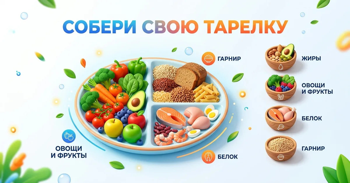 Инфографика тарелки здорового питания с подписями «Овощи и фрукты», «Белок», «Гарнир» и «Жиры»